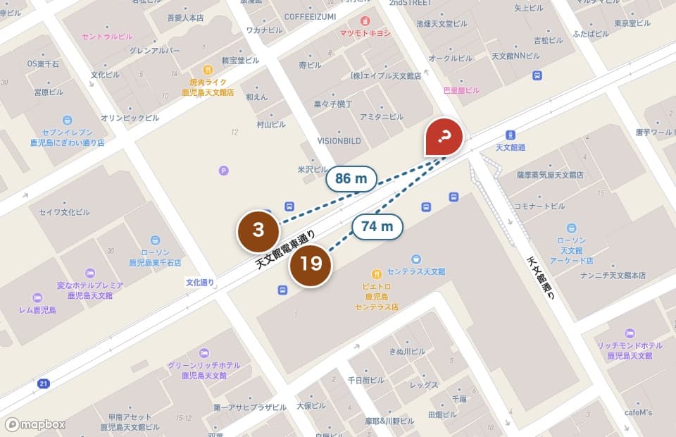 Map around Tenmonkan showing the map app’s single pin and the actual stops No.3 and No.19